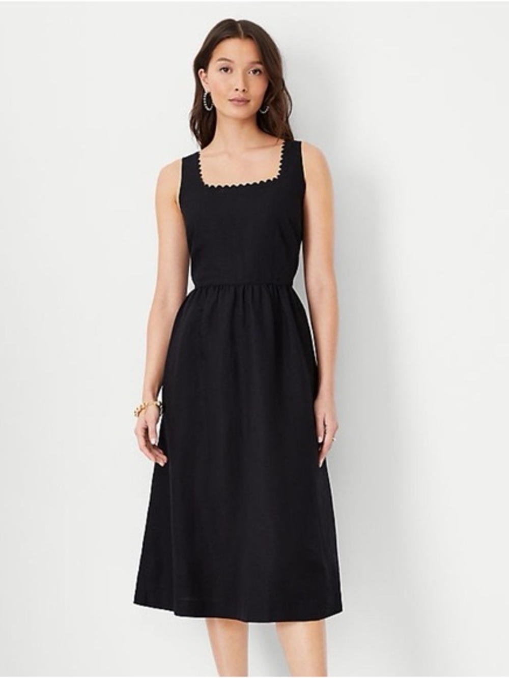 Ann Taylor Black Square-Neck Scalloped Midi Dress